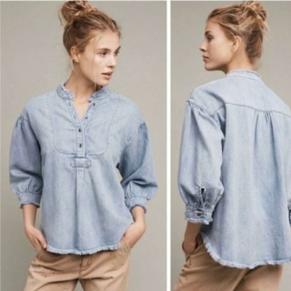 Anthropologie Holding Horses Frayed Chambray Henley Denim